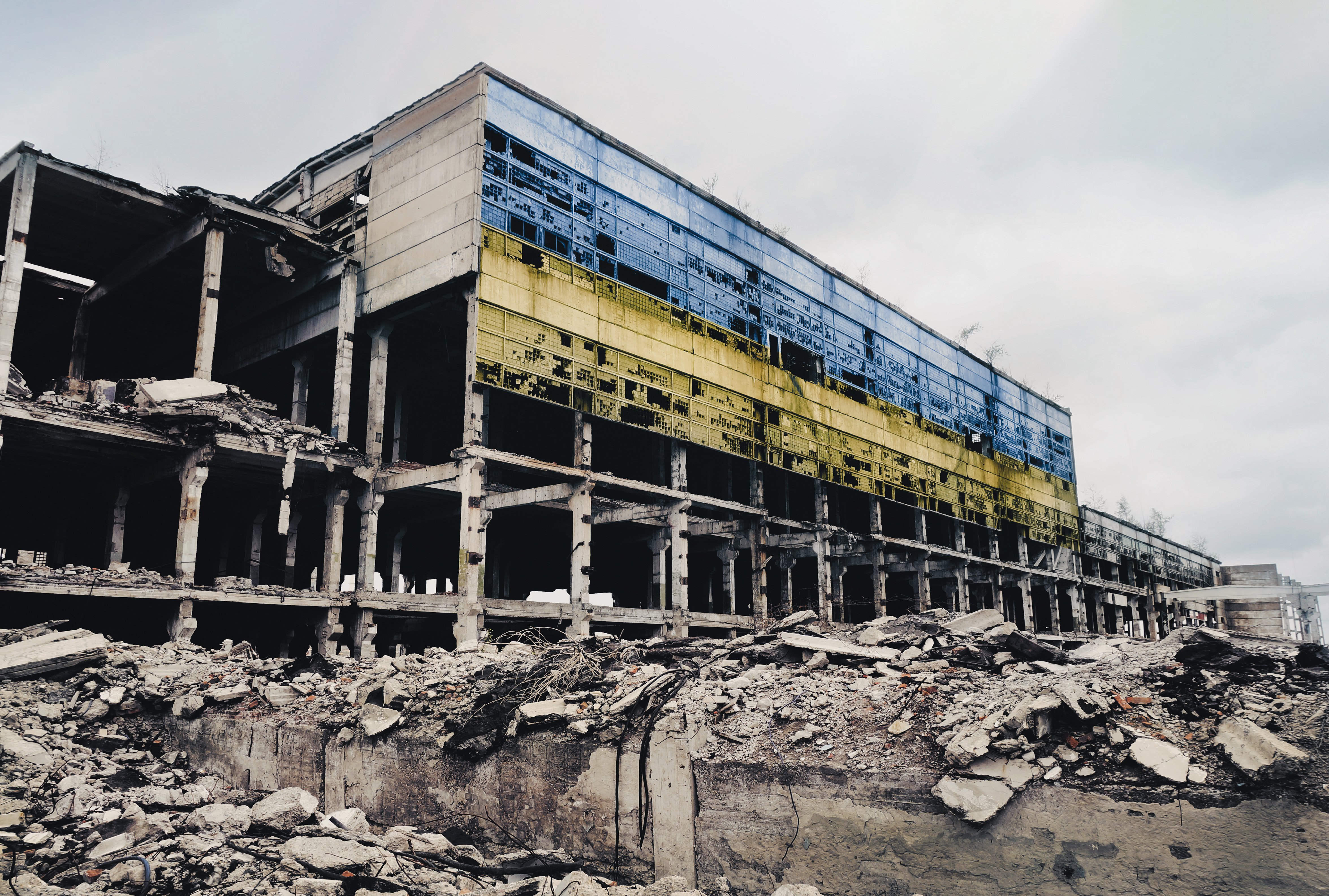 Ukraine flag on abandoned building